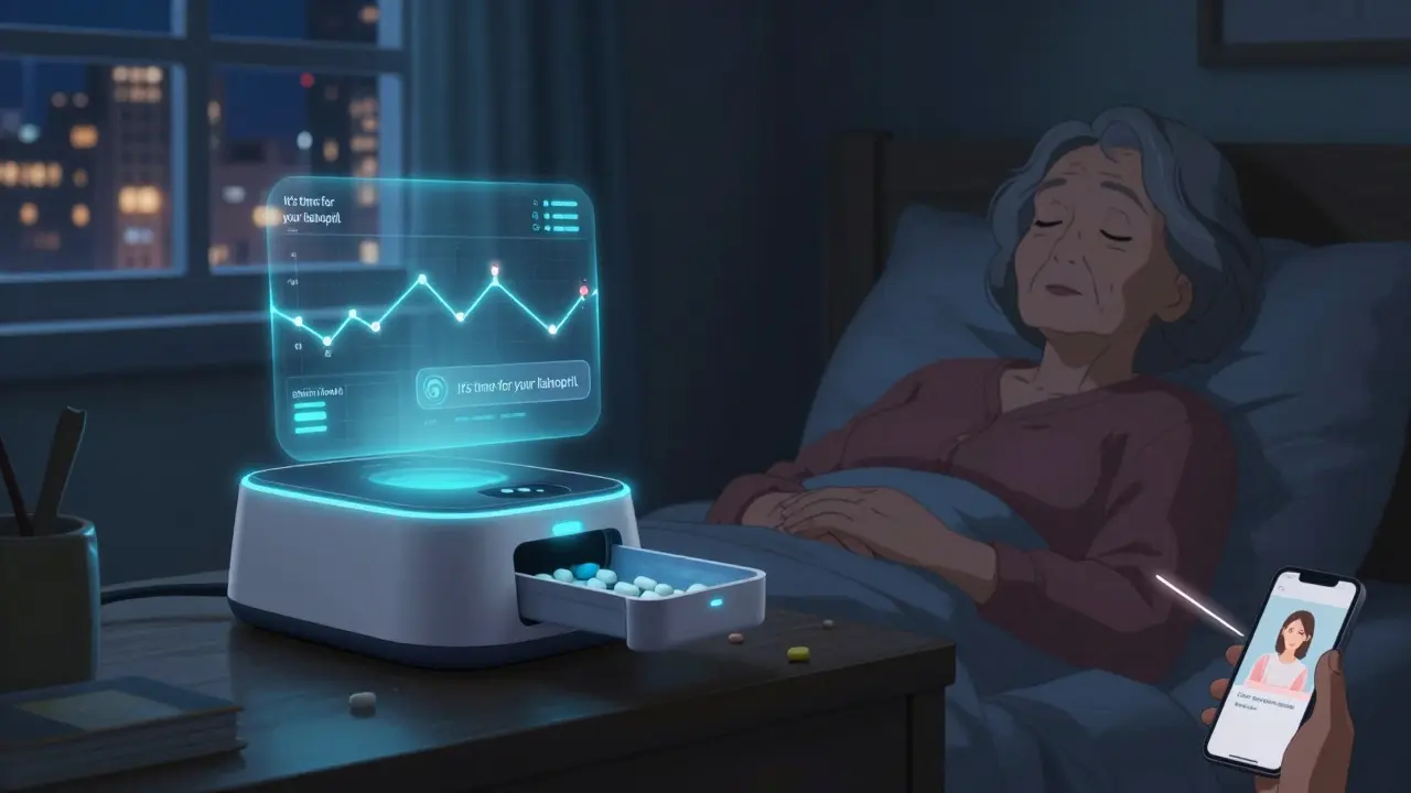 A smart pill dispenser glowing softly as it releases medication with a voice reminder.