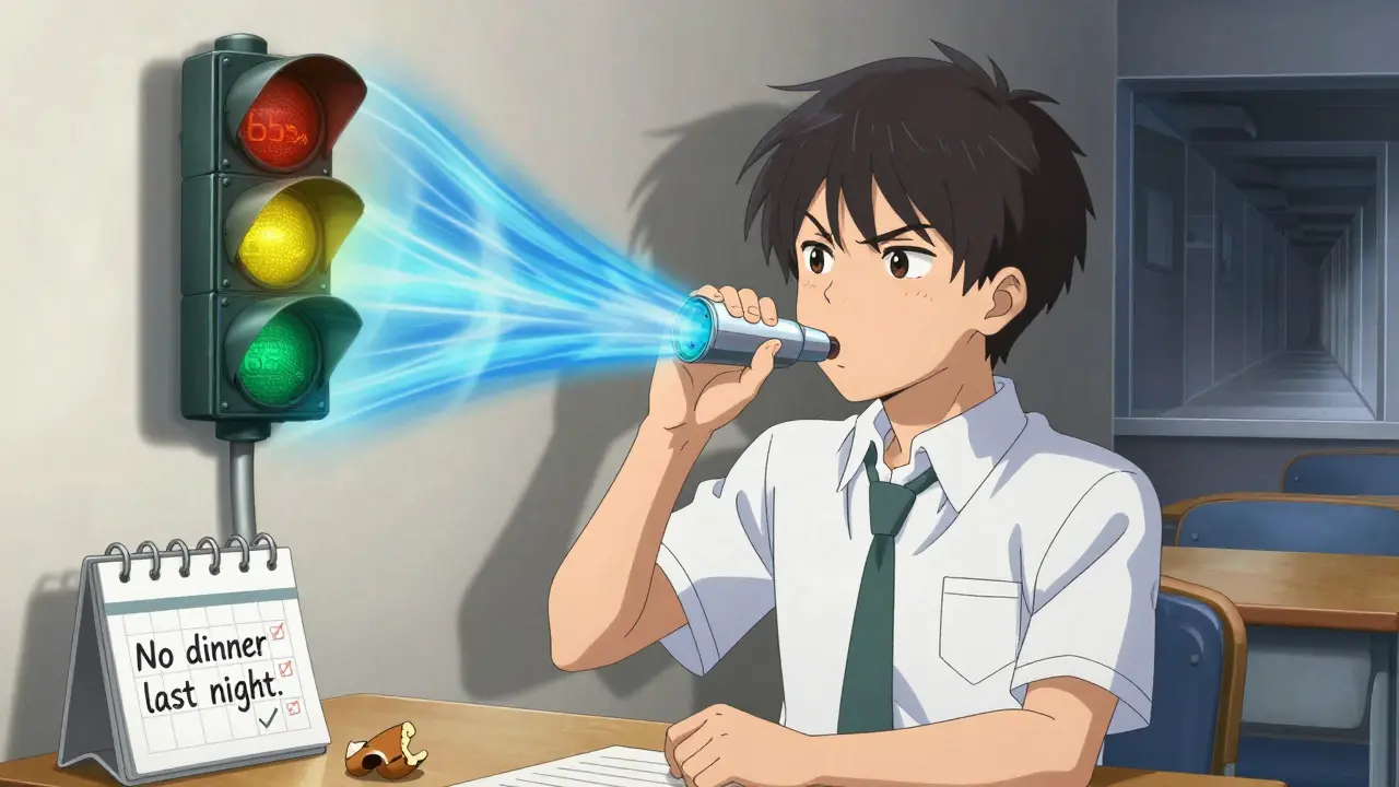 A teen blowing into a peak flow meter with a yellow zone warning glowing nearby.