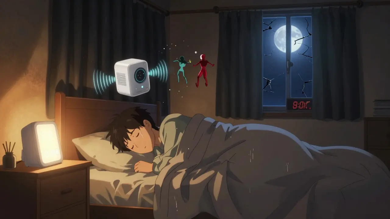 A worker sleeps in a darkened bedroom with floating symbols of sleep aids: light box, white noise machine, and melatonin molecules.