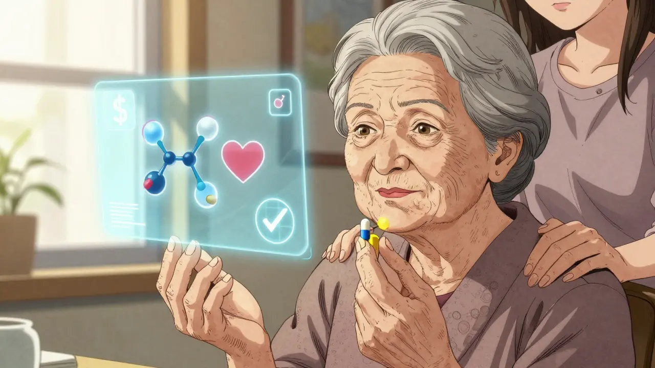 An elderly woman comparing yellow generic and blue brand pills, with floating icons of a heart, dollar sign, and checkmark.