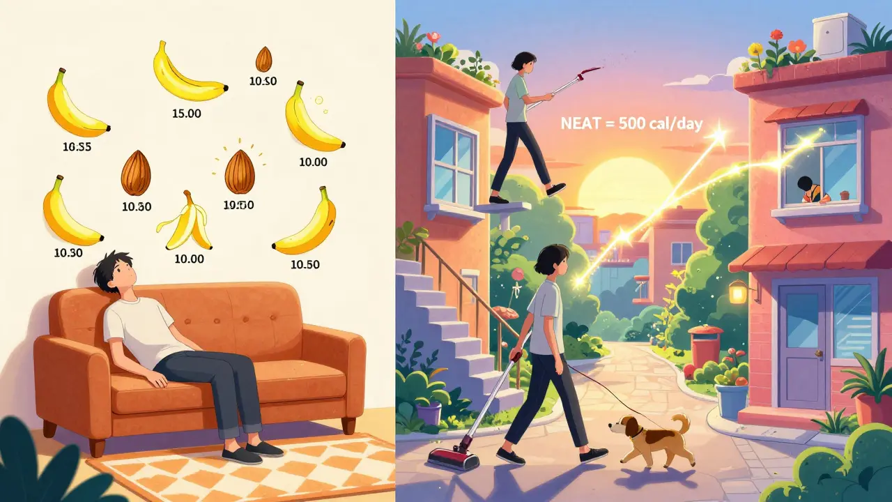 Contrast between sedentary eating and active daily life, with NEAT calories rising as movement increases.