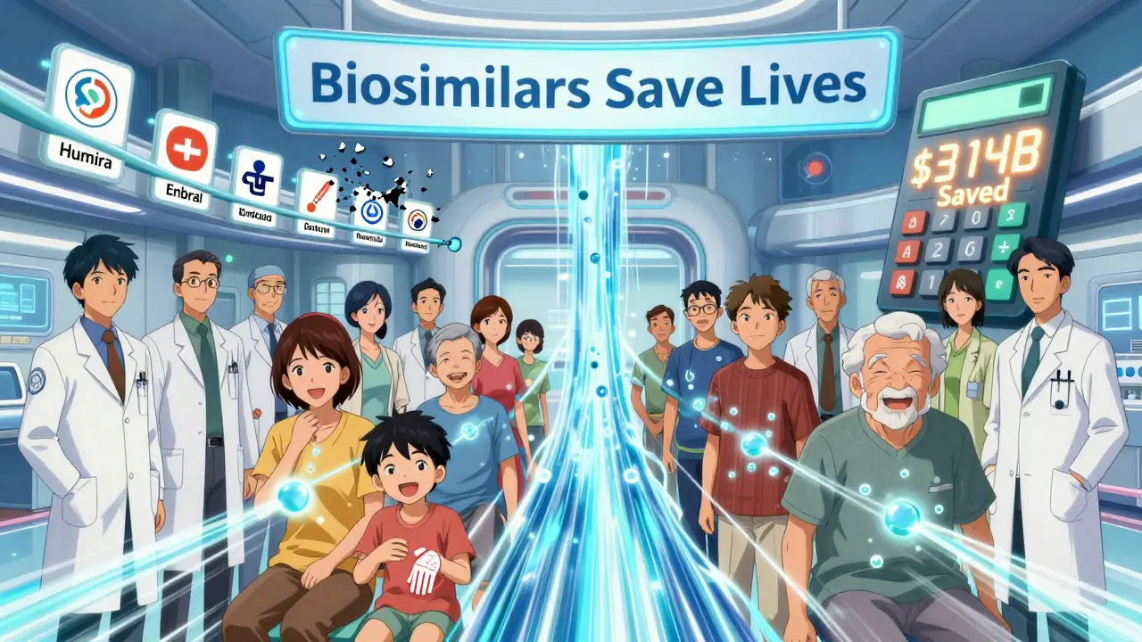 Diverse patients glowing with biosimilar molecules in a futuristic hospital, with a banner showing cost savings.