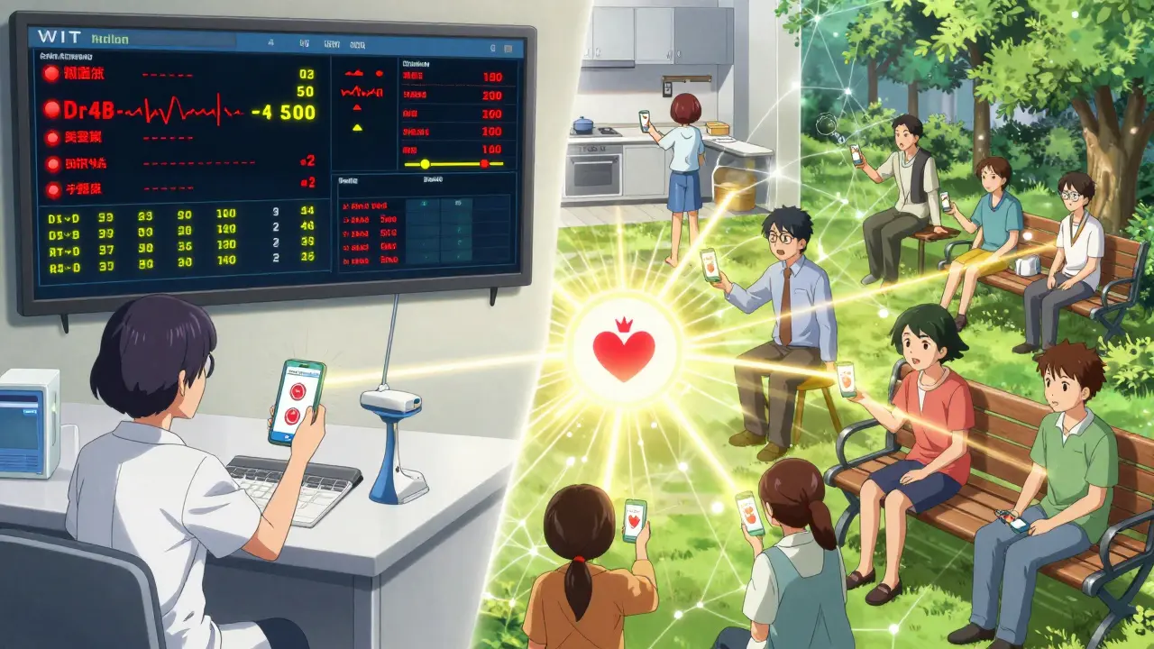 Diverse patients submitting PRO data via phones, with real-time data streams connecting to a global network symbolizing collective health impact.