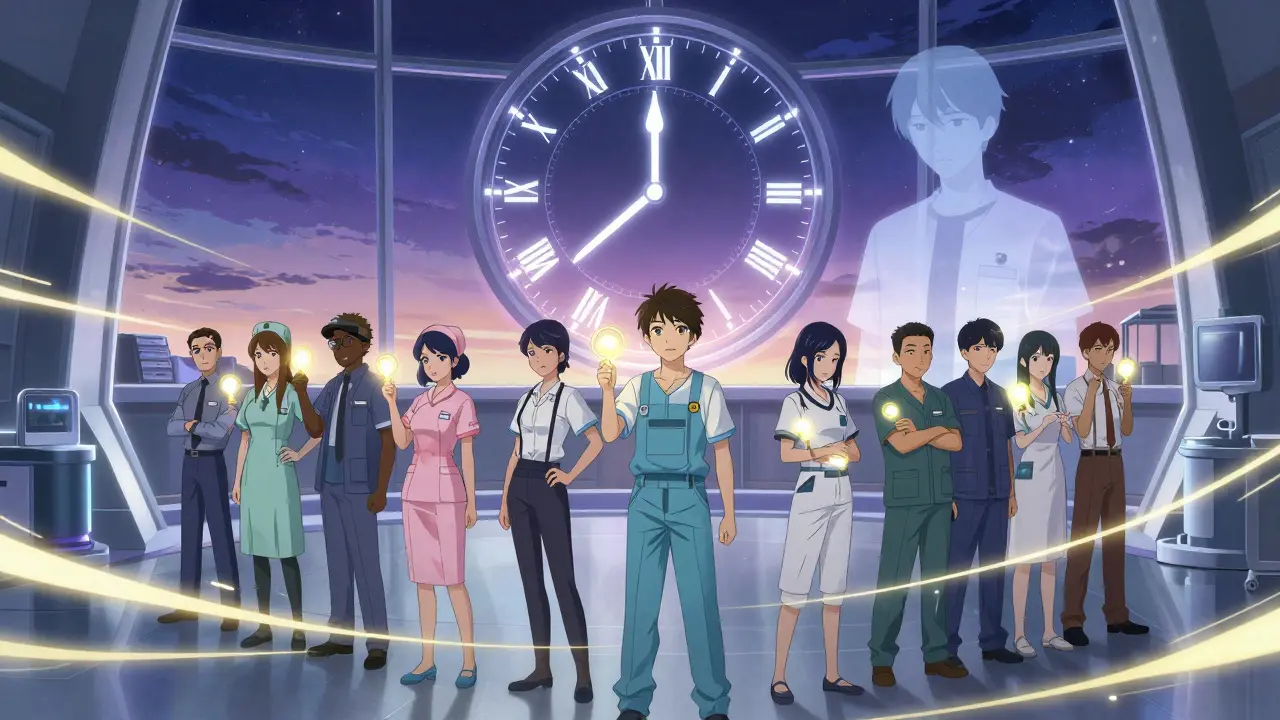 Diverse shift workers hold glowing keys representing sleep strategies in a futuristic clinic under a giant circadian clock.