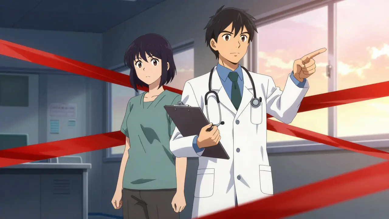 Doctor and patient united against bureaucratic barriers.