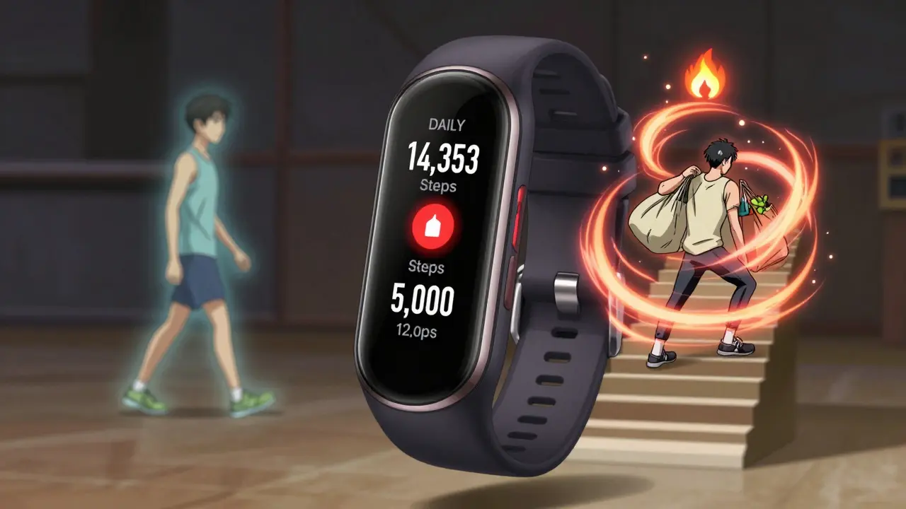 Fitness tracker showing two contrasting days: high calorie burn with fewer steps due to intense movement.