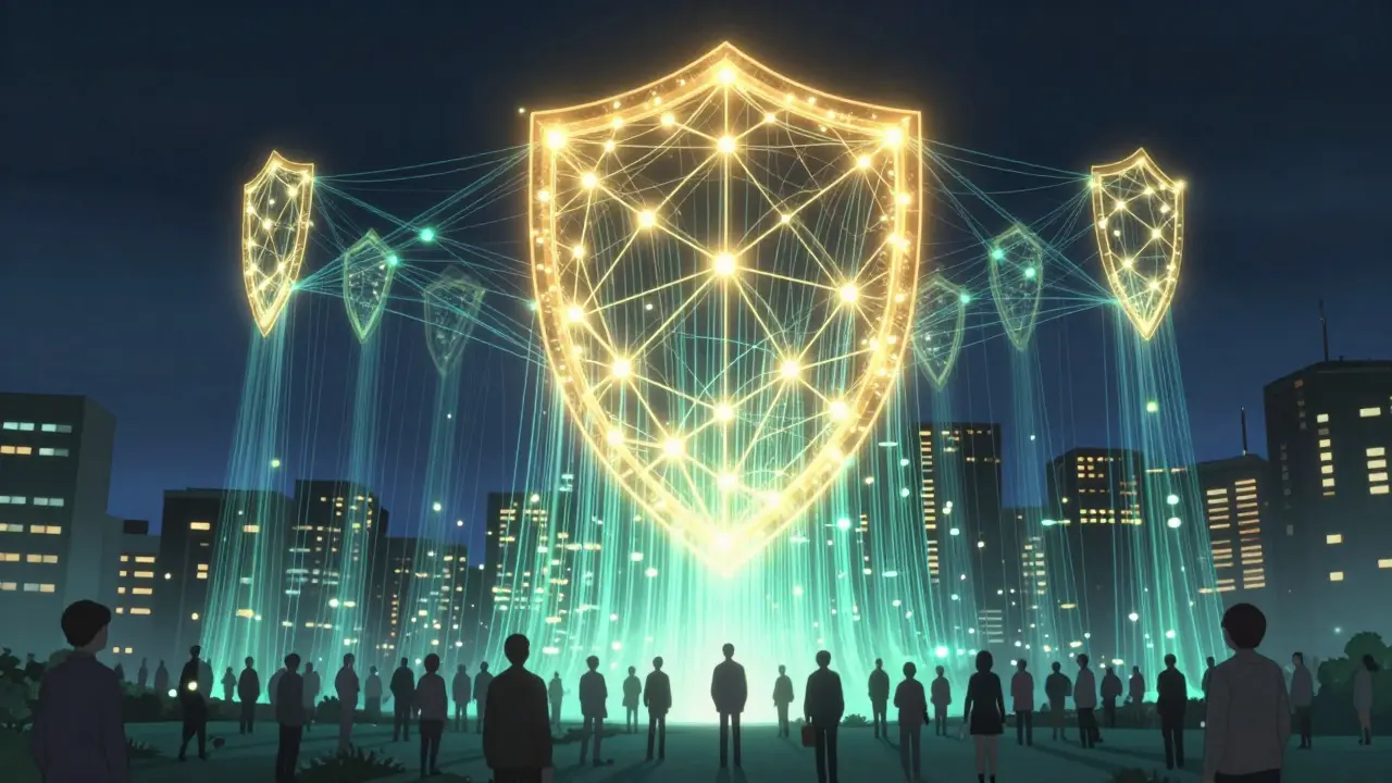 Glowing data streams rising from city to safety shield in anime art.