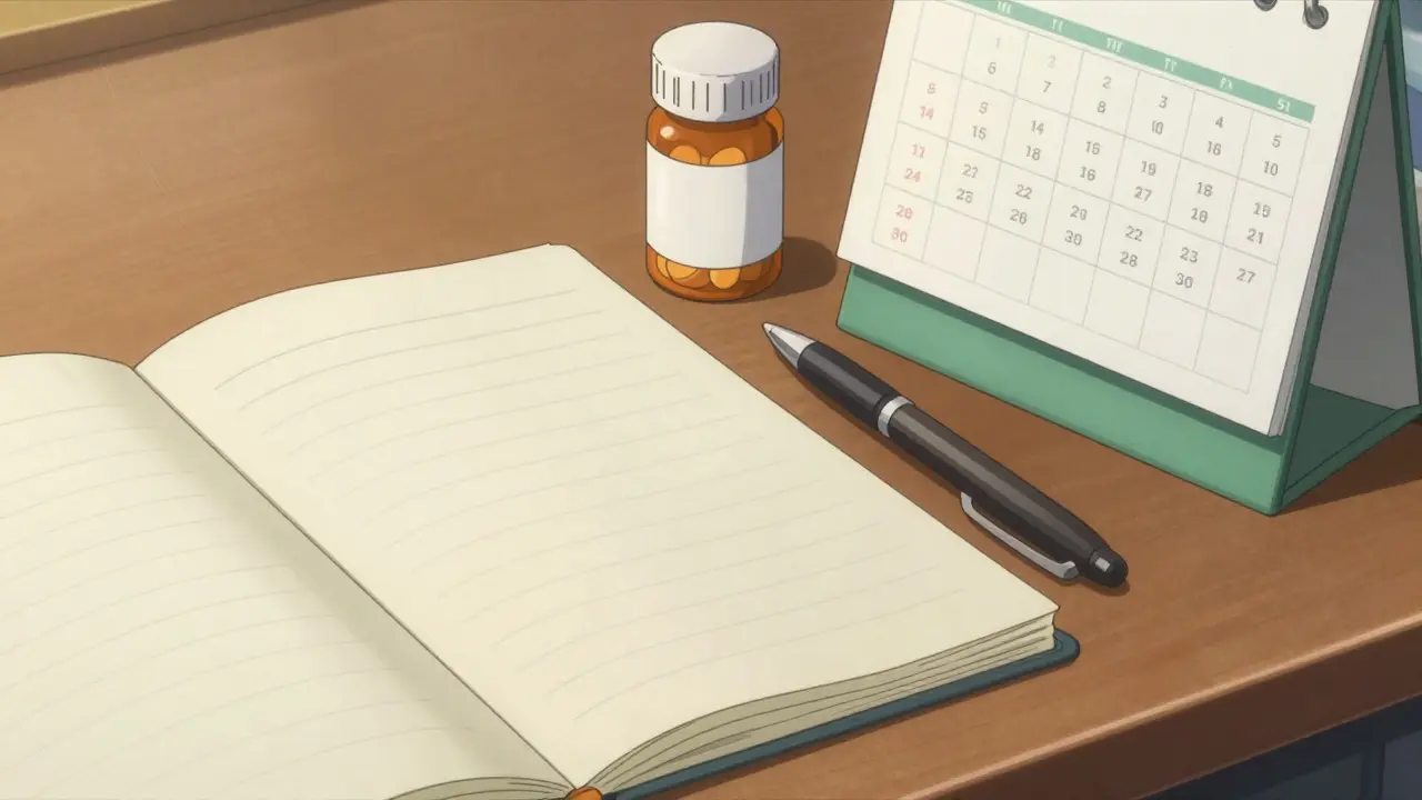 Organized desk with notebook and pills prepared for medical reporting scene.