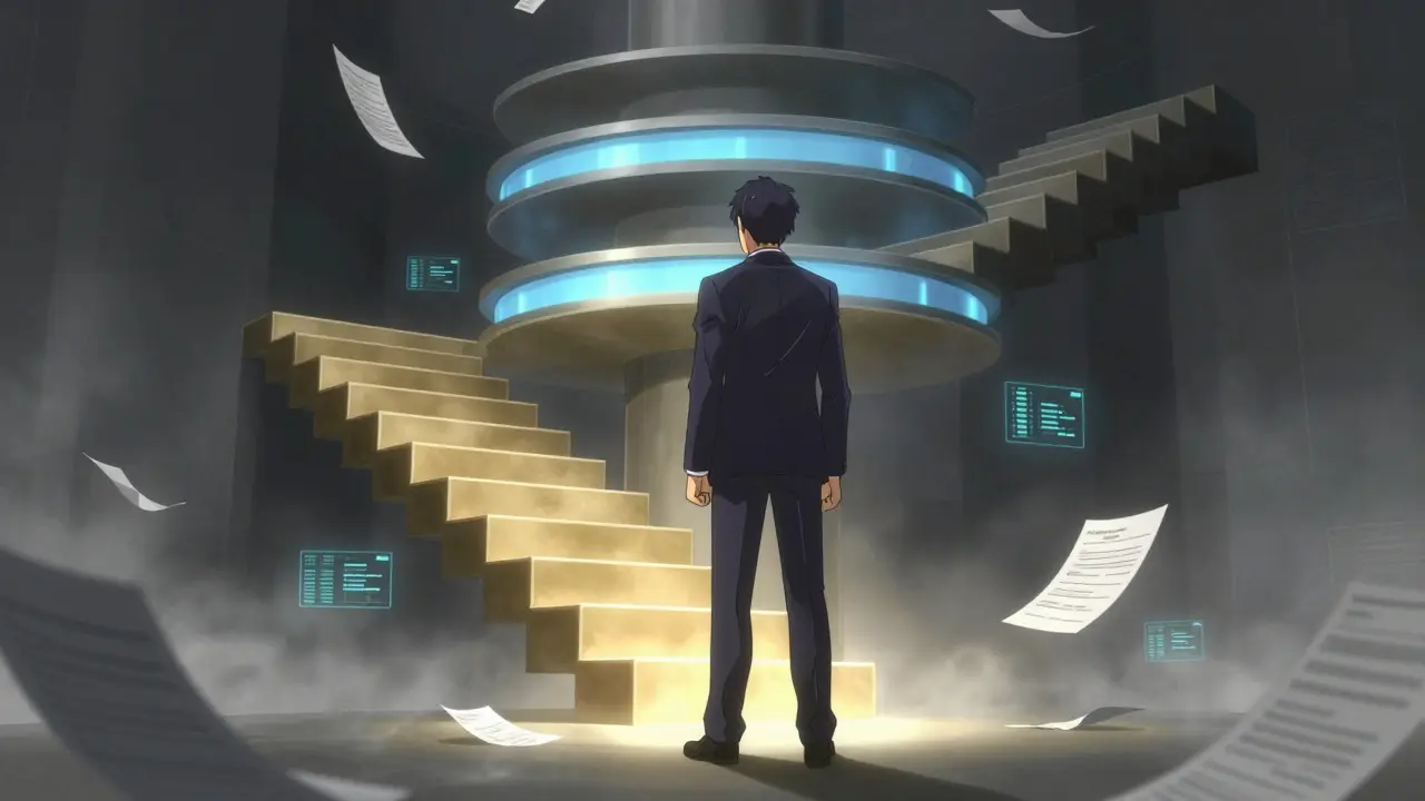 Person facing towering abstract steps representing insurance tiers.