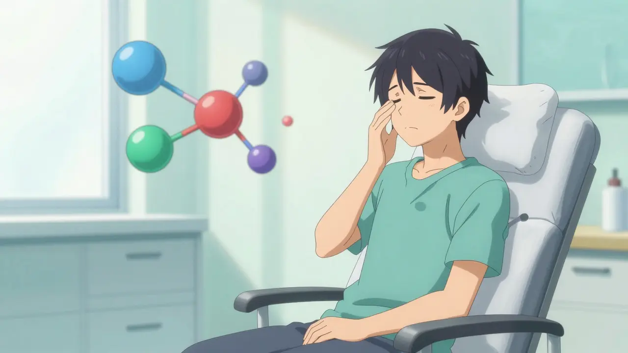 Relaxed patient in bright clinic with floating molecule art.