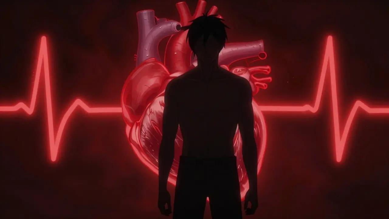 Silhouette surrounded by glowing red arteries showing heart risk.
