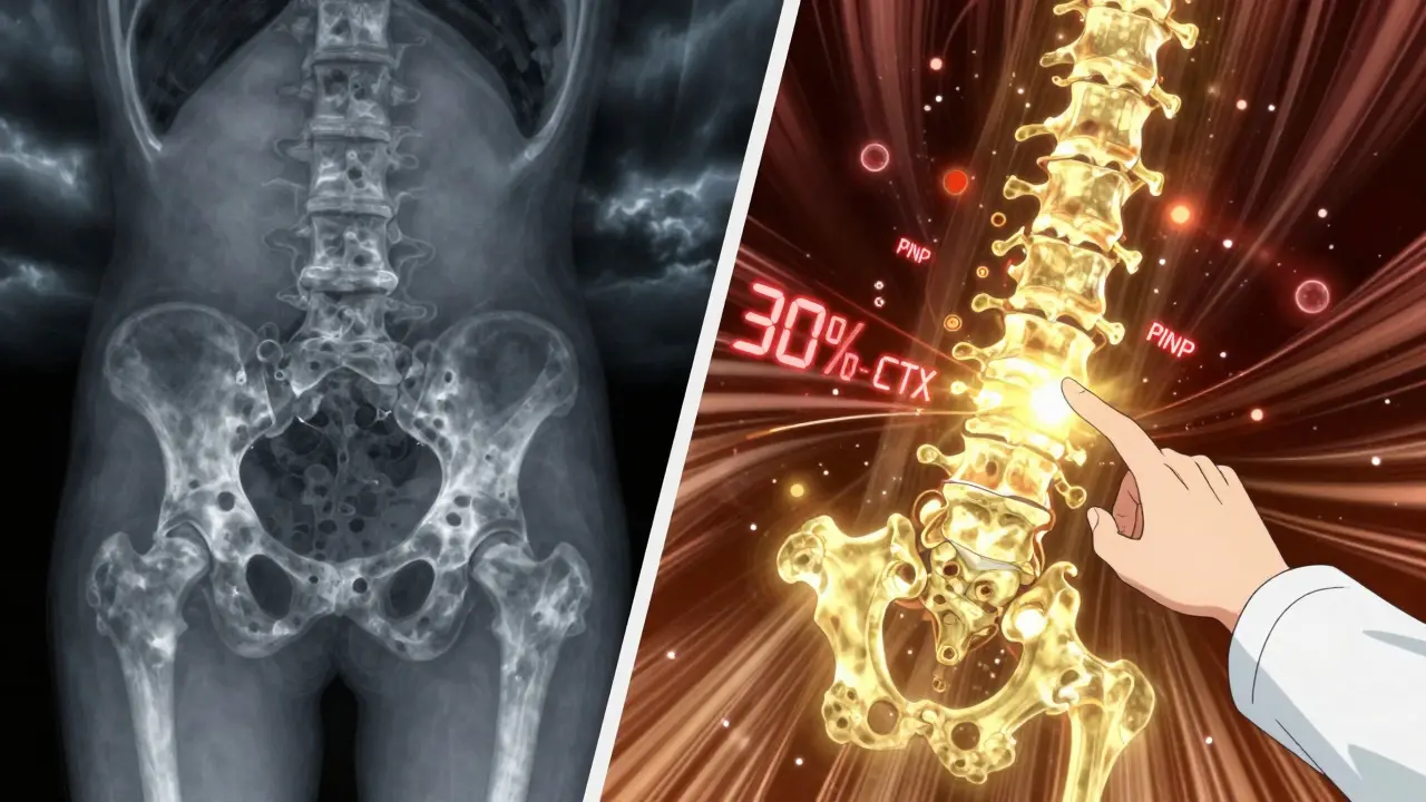 Split image of brittle bones transforming into strong, glowing bone structure with floating biochemical markers.