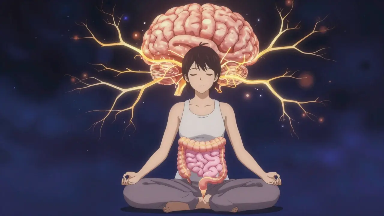 A conceptual image of golden neural connections between a meditating person's brain and gut.