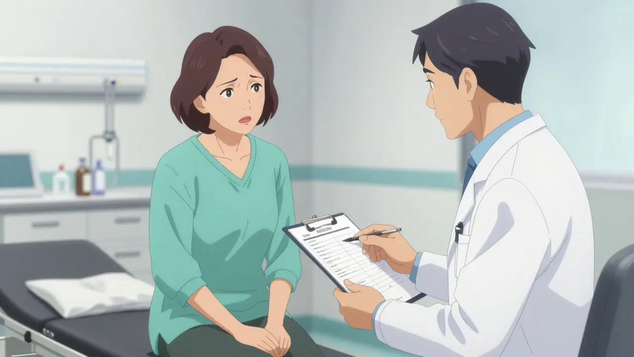 A concerned woman and a doctor discussing medical test results in a modern clinic.