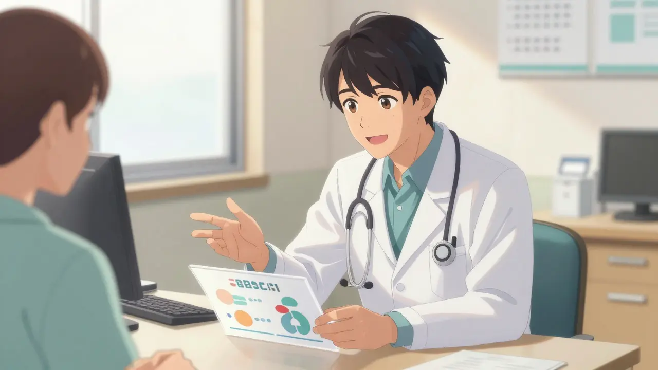 A doctor reassuring a patient in a bright, modern office, depicted in WIT Studio anime style.