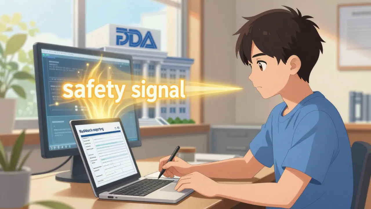 A patient reporting a side effect via MedWatch on a computer in a bright, anime-style room.
