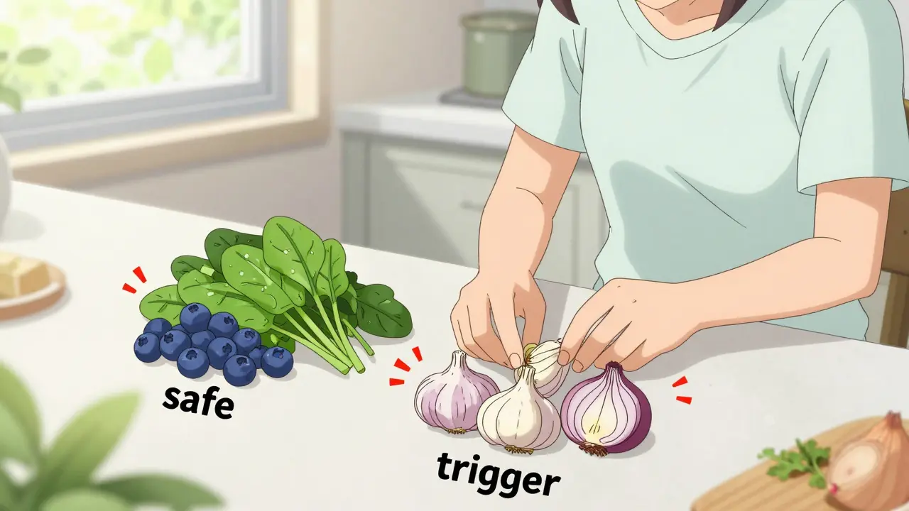 A person sorting gut-friendly and trigger foods in a bright, clean kitchen.