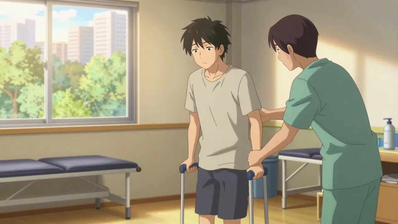 A sepsis survivor practicing walking during physical therapy in a sunlit room.