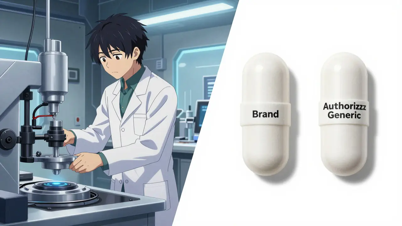 A split screen showing a lab and two identical medication tablets in WIT Studio anime style.