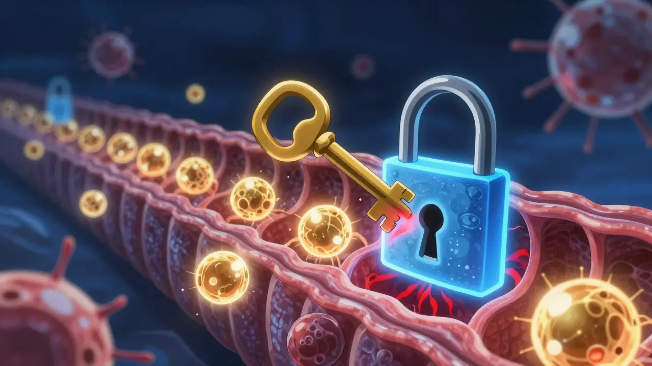 Abstract anime visualization of insulin keys failing to unlock a cell