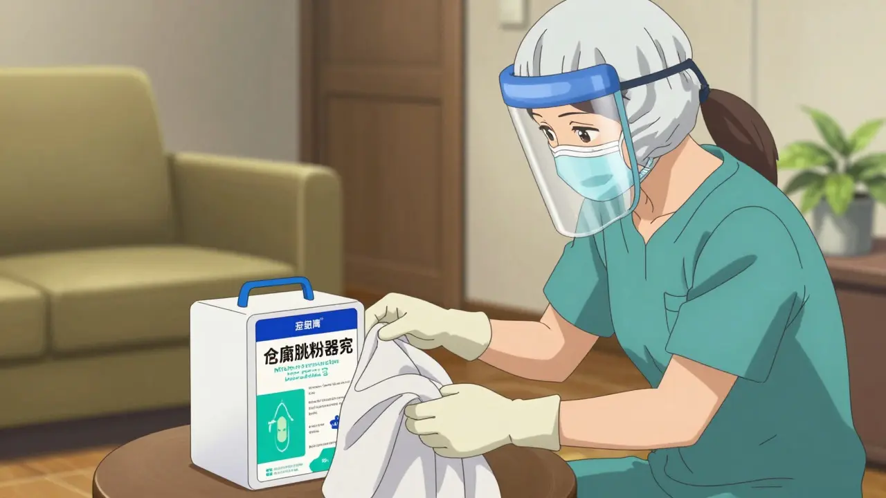 Caregiver wearing gloves and using a professional spill kit in a home setting