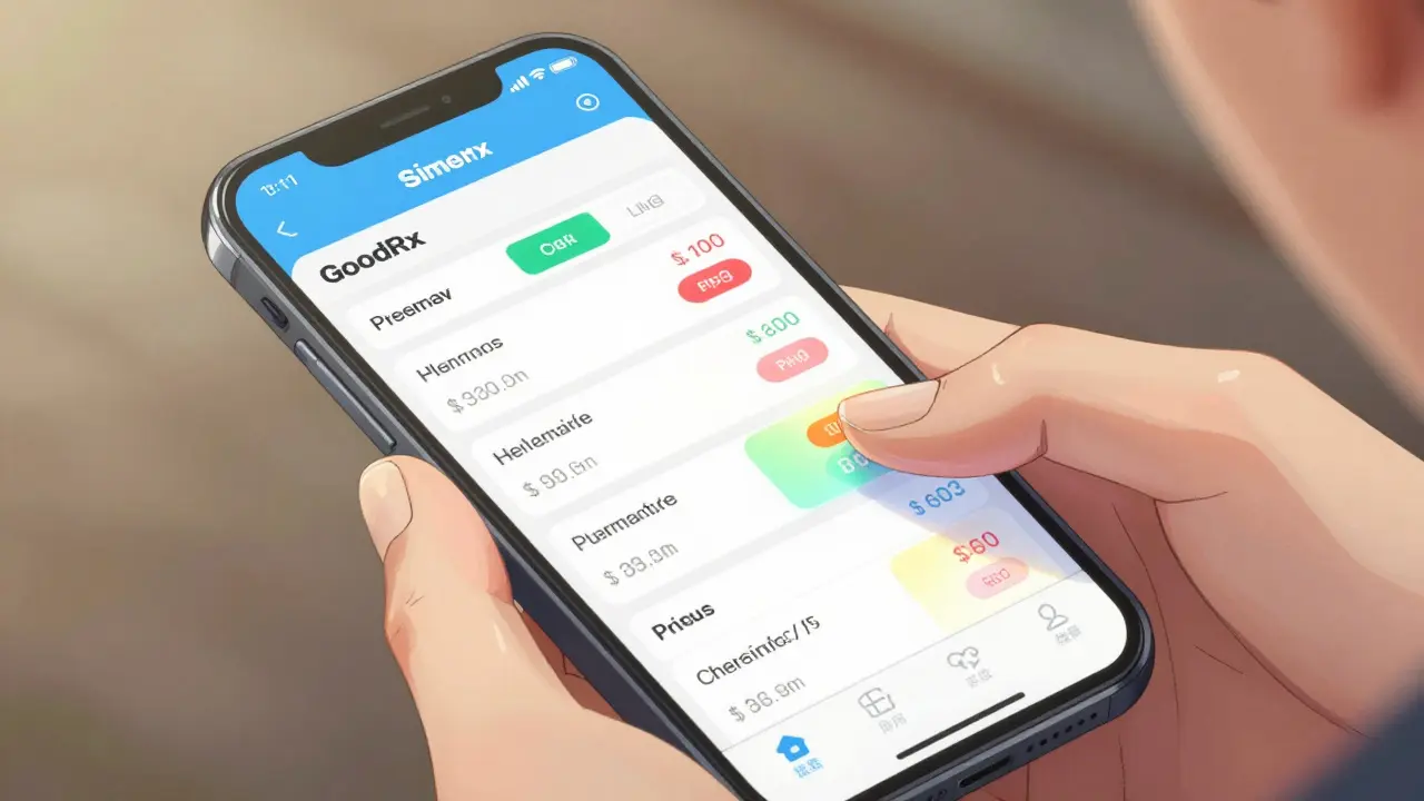 Close-up of a smartphone screen using a price comparison app for medicine