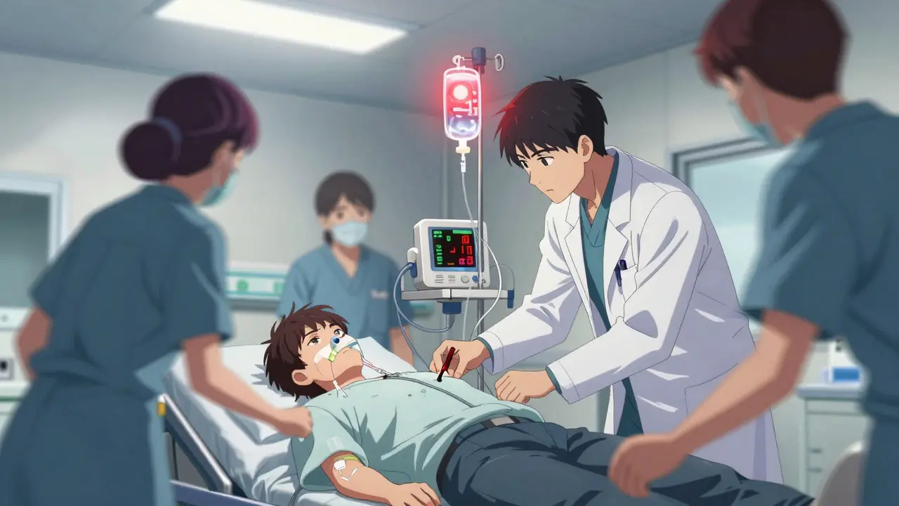 Medical team urgently treating a sepsis patient in an ER with IV fluids and oxygen.