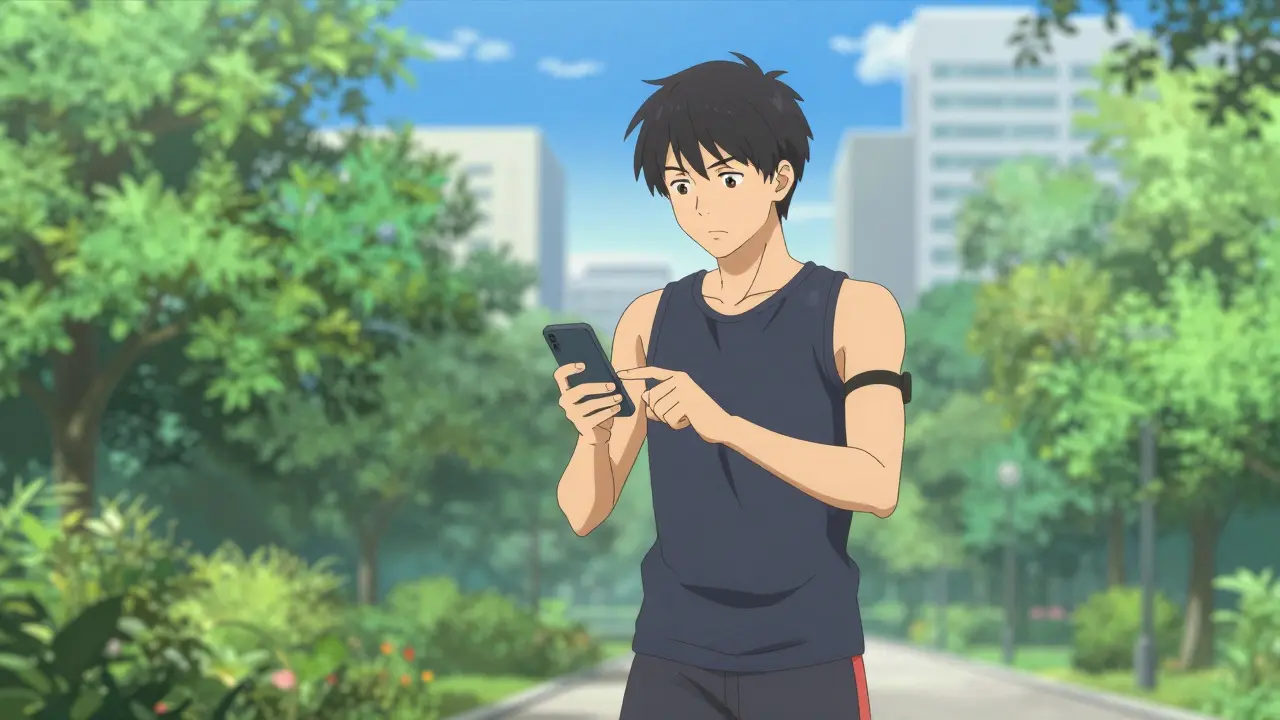 Person checking glucose levels on a smartphone in a sunny park