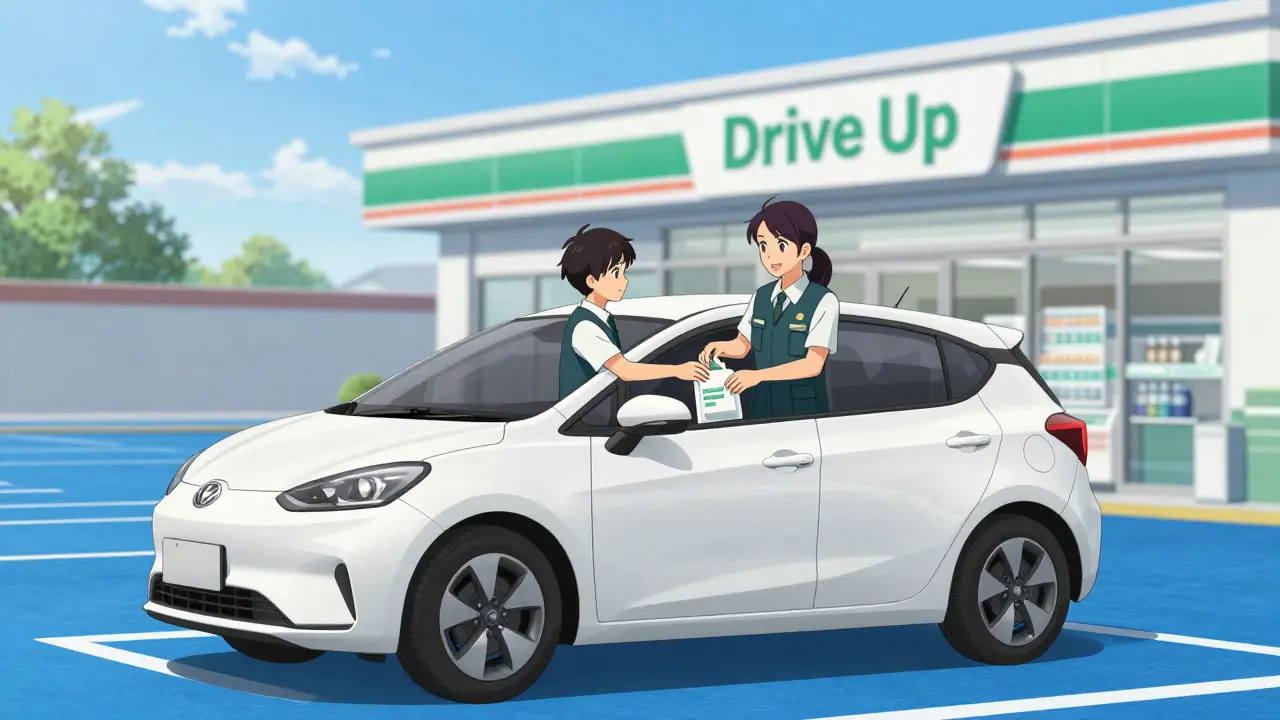 Pharmacy employee delivering a package to a customer in a car for a drive-up pickup