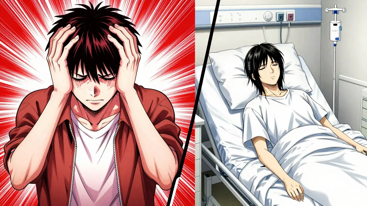 Split screen comparing a severe headache at home versus a serious event requiring hospitalization.