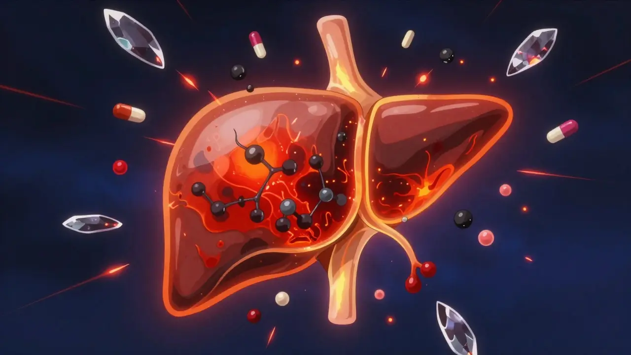 Stylized anatomical liver glowing red to represent toxicity and chemical interactions.