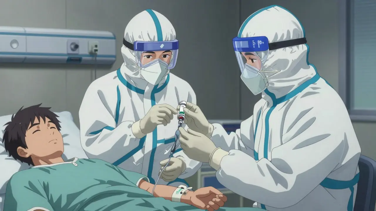 Two nurses in full PPE performing a bedside medication check for a patient